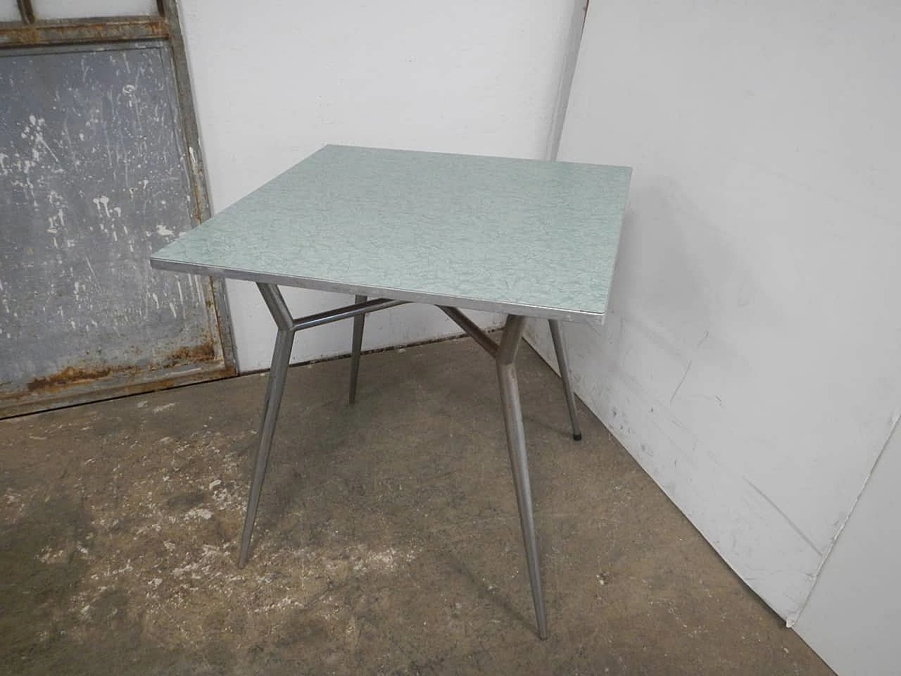 Square green formica and metal coffee table, 1950s 4
