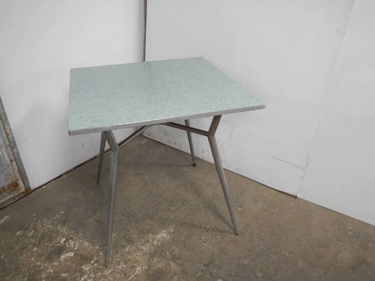 Square green formica and metal coffee table, 1950s 5