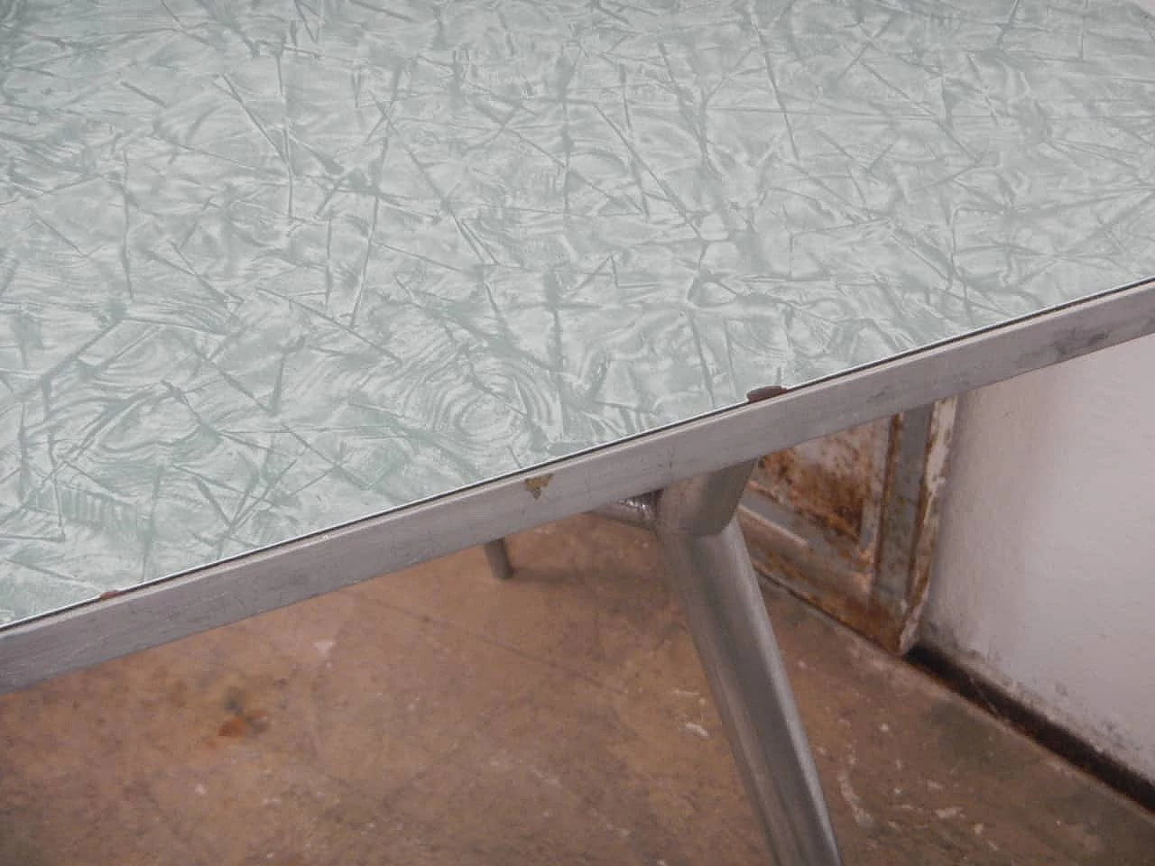 Square green formica and metal coffee table, 1950s 10