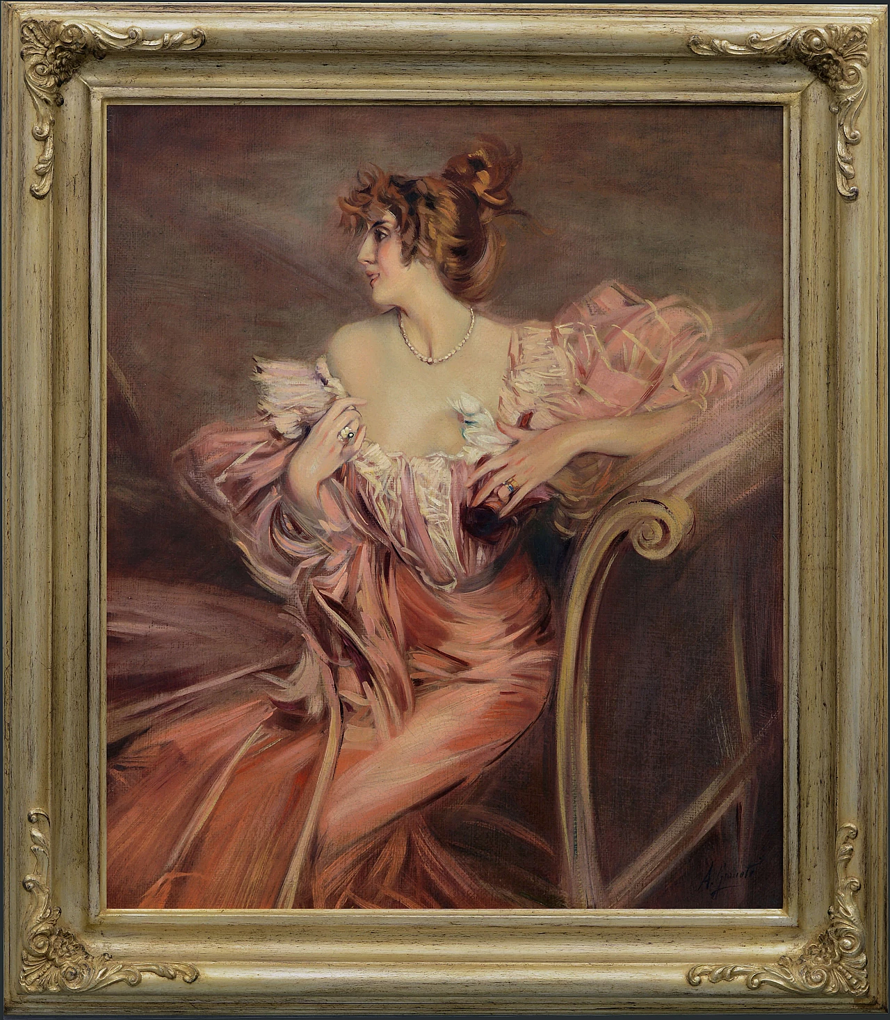 Angelo Granati, Woman on sofa, reproduction of G. Boldini, painting on canvas, 1970s 1
