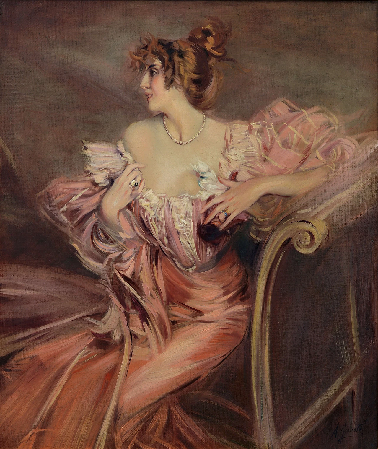 Angelo Granati, Woman on sofa, reproduction of G. Boldini, painting on canvas, 1970s 2