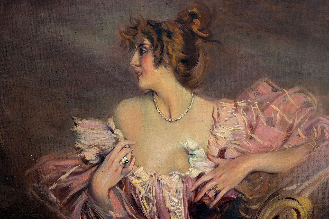 Angelo Granati, Woman on sofa, reproduction of G. Boldini, painting on canvas, 1970s 3