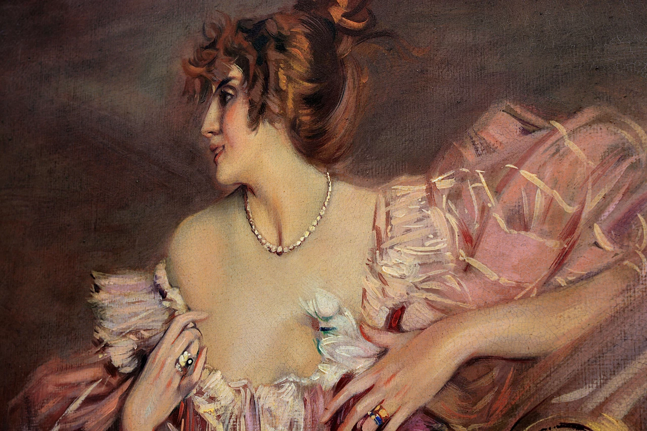 Angelo Granati, Woman on sofa, reproduction of G. Boldini, painting on canvas, 1970s 4