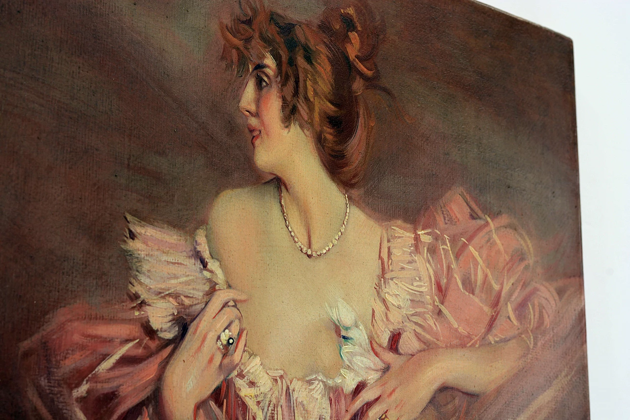 Angelo Granati, Woman on sofa, reproduction of G. Boldini, painting on canvas, 1970s 5