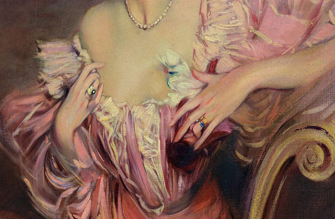 Angelo Granati, Woman on sofa, reproduction of G. Boldini, painting on canvas, 1970s 6