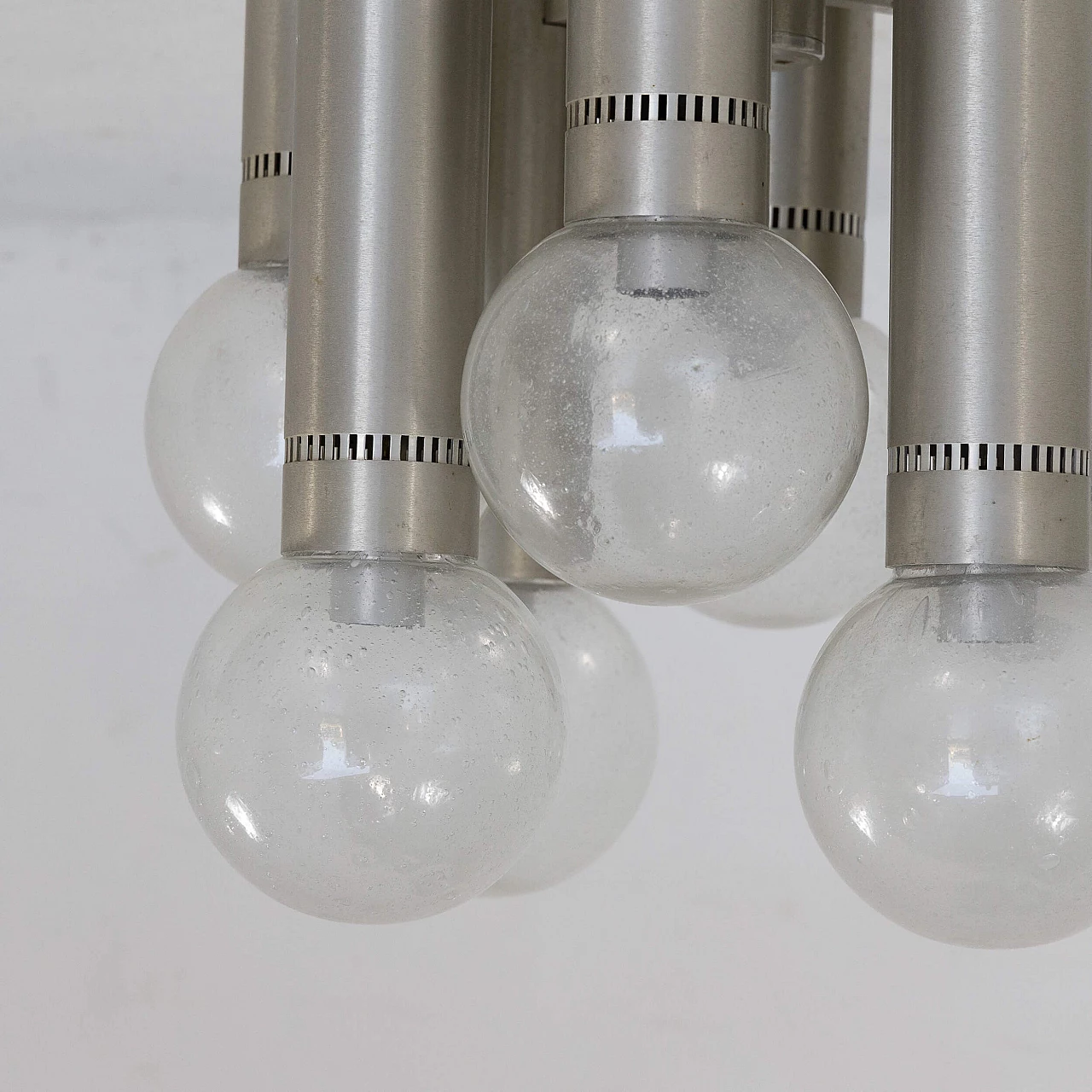 Coppia di plafoniere in alluminio e vetro pulegoso, anni '70 6