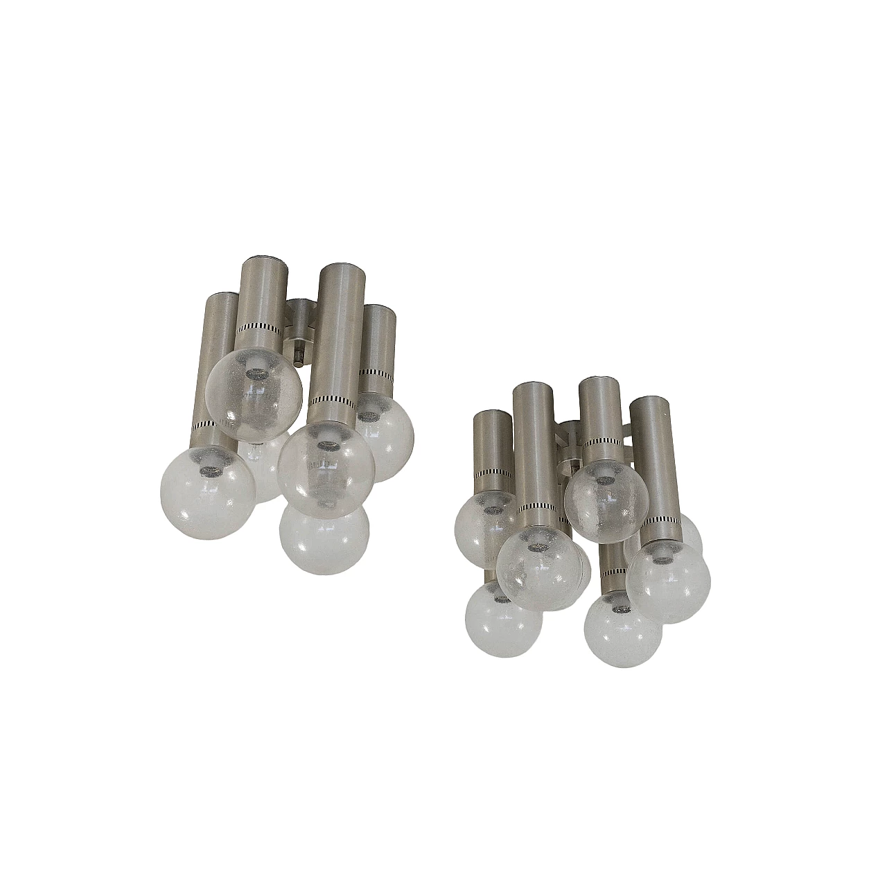 Coppia di plafoniere in alluminio e vetro pulegoso, anni '70 10