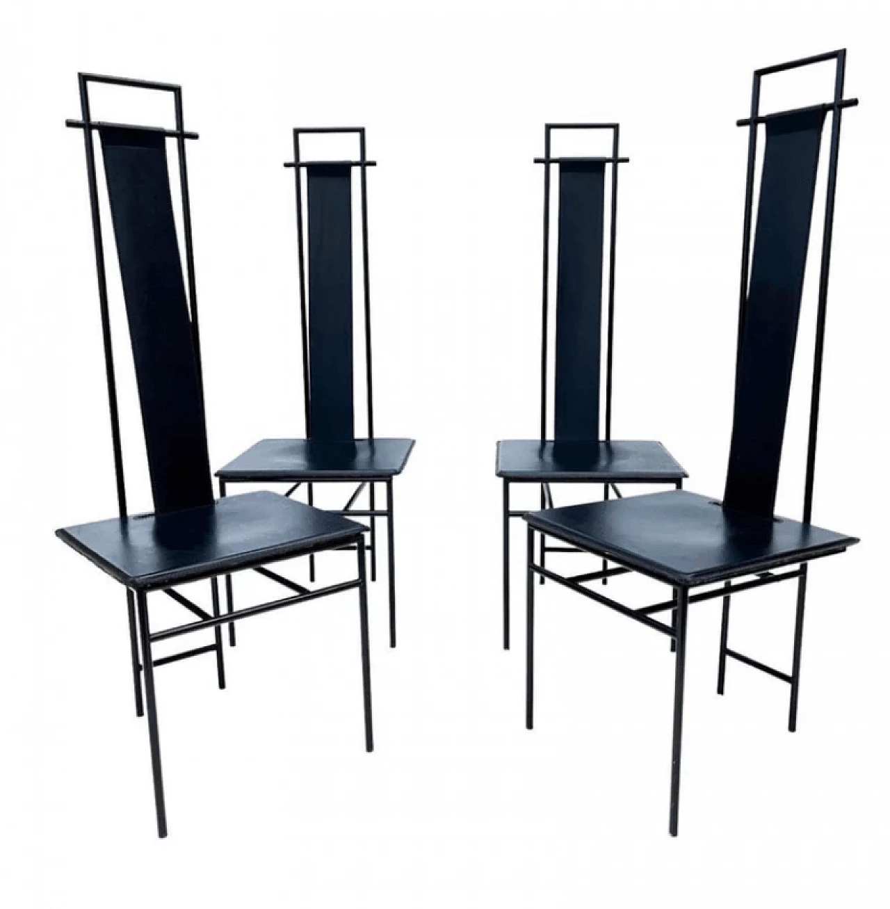 4 Black leather and metal chairs by Enrico Pellizzoni, 1980s 1