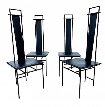 4 Black leather and metal chairs by Enrico Pellizzoni, 1980s