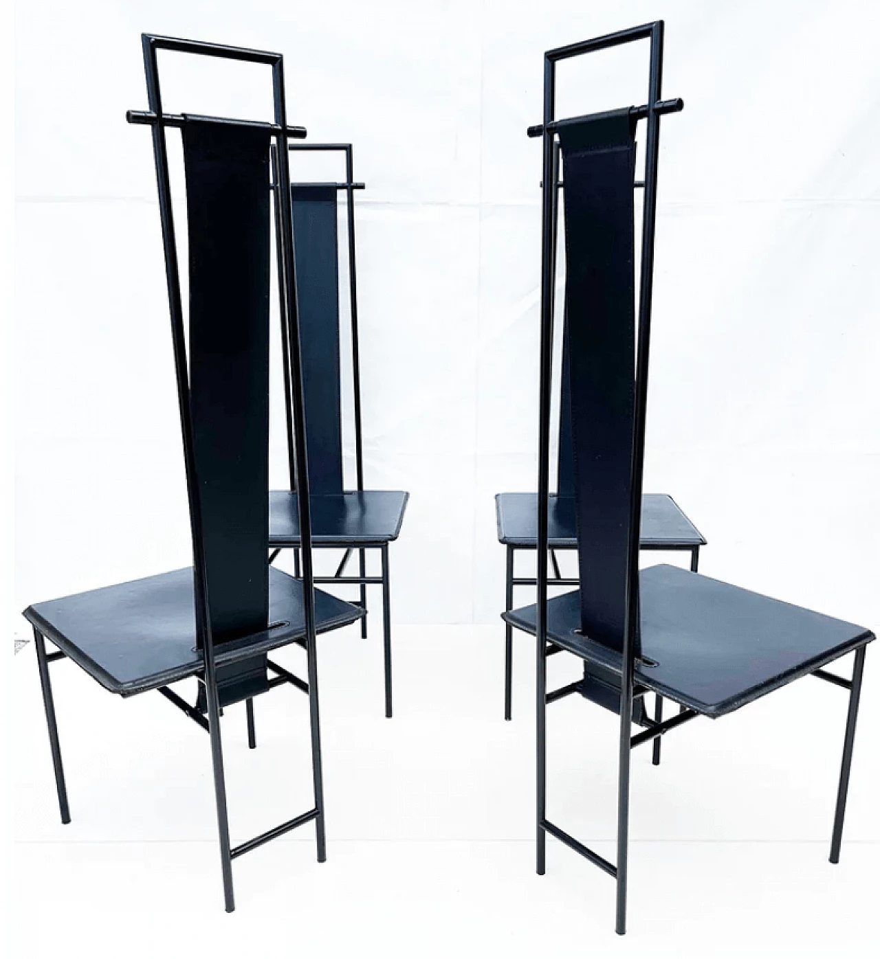 4 Black leather and metal chairs by Enrico Pellizzoni, 1980s 2