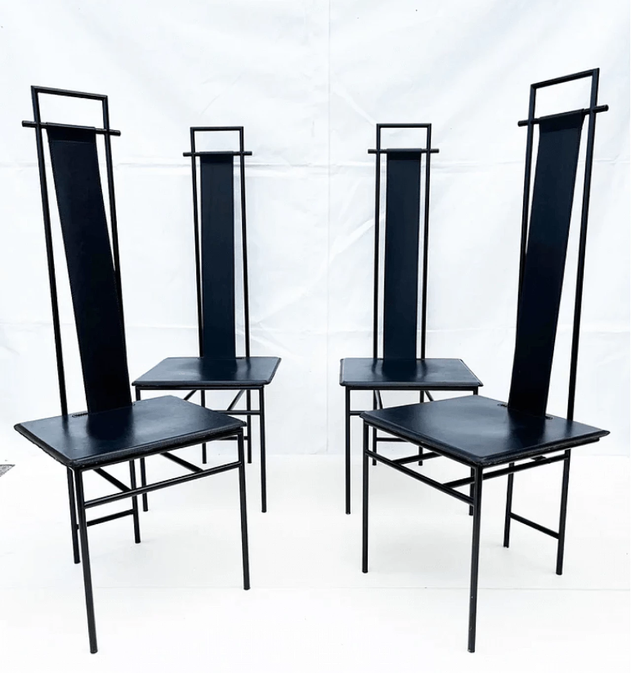 4 Black leather and metal chairs by Enrico Pellizzoni, 1980s 3
