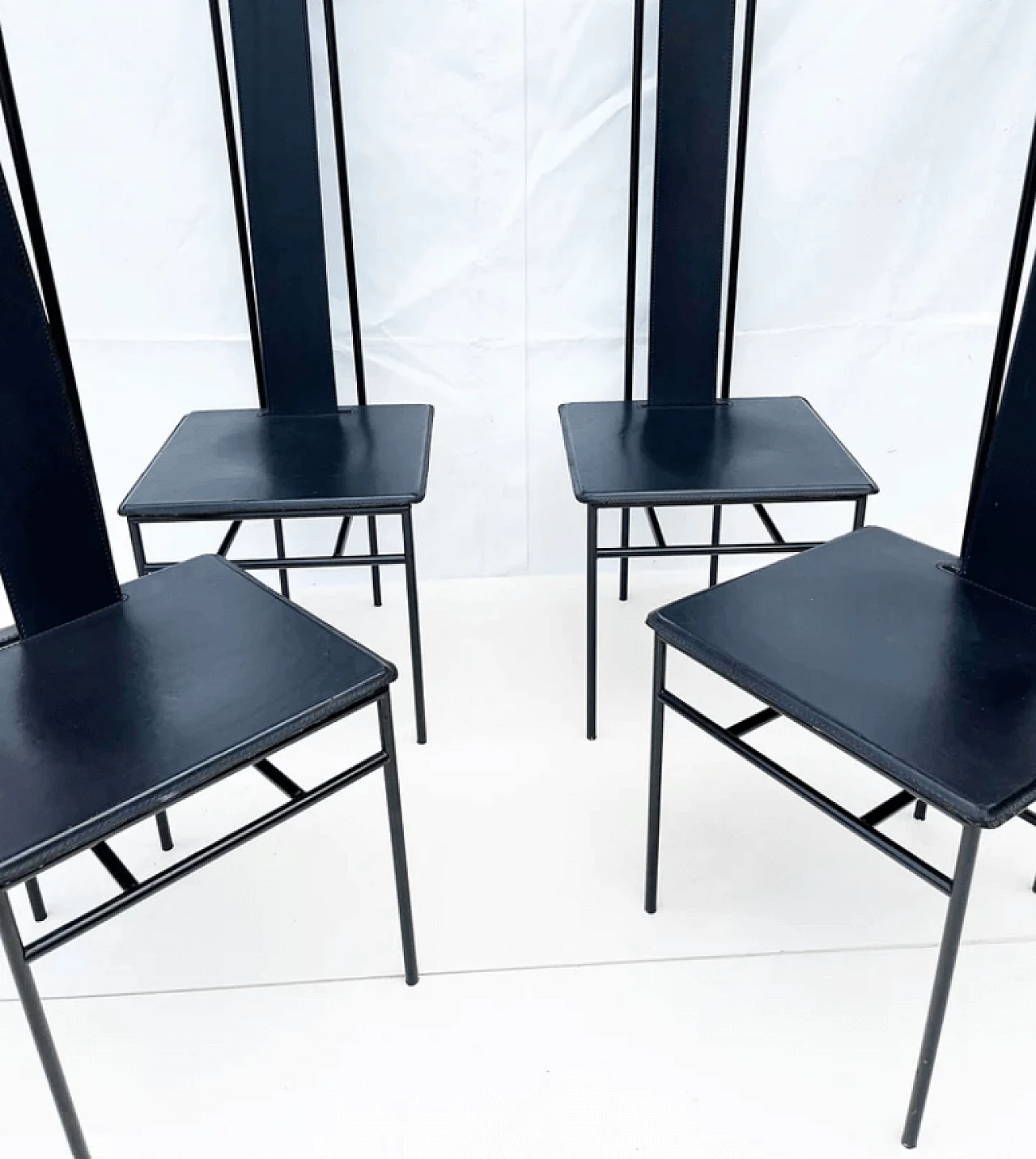 4 Black leather and metal chairs by Enrico Pellizzoni, 1980s 4