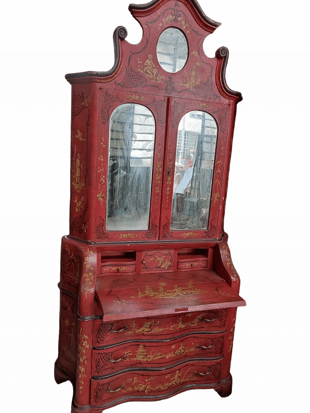 Red lacquered wood trumeau with chinoiserie, early 20th century 13