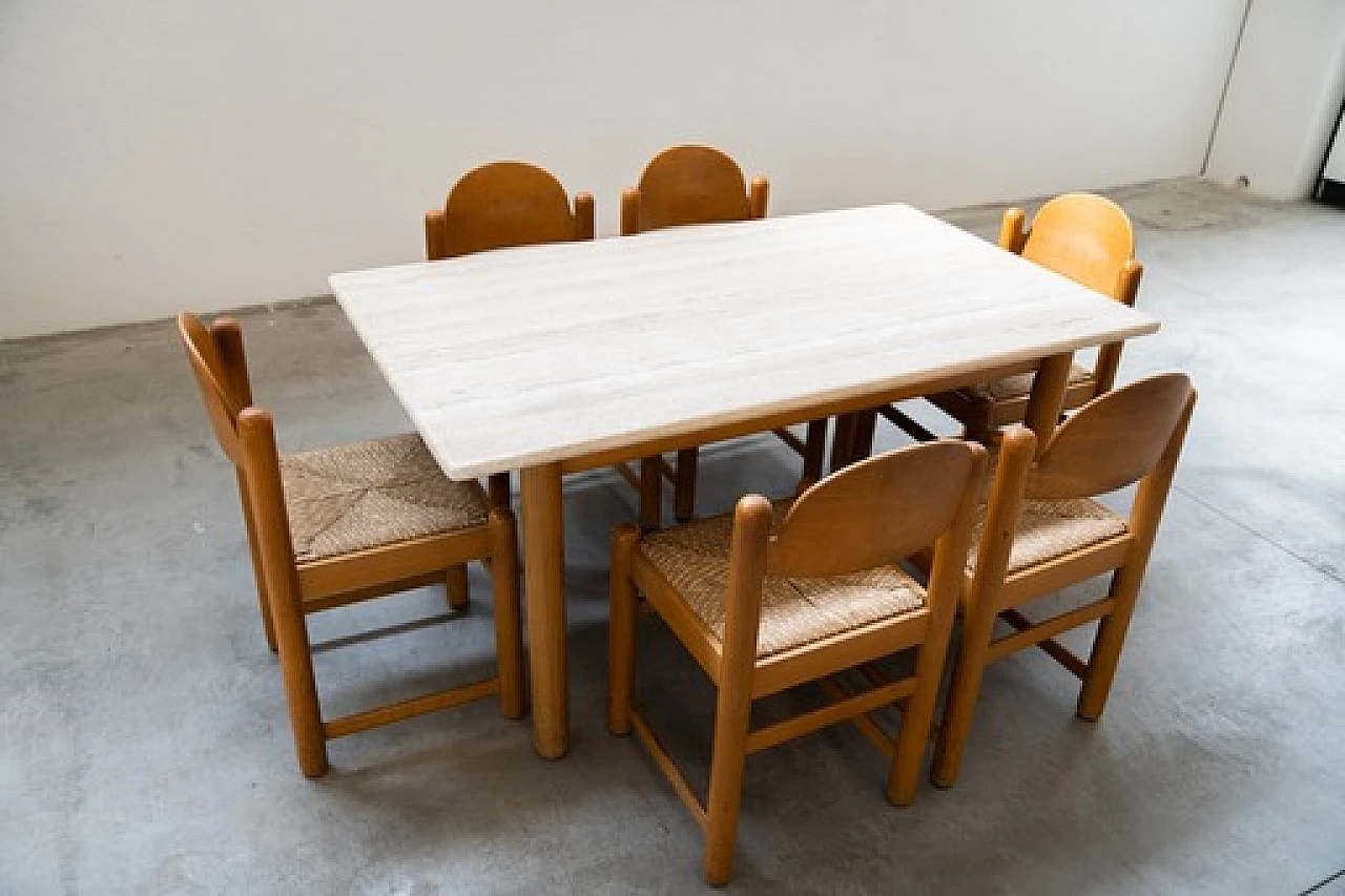 6 Sedie Padova e tavolo in rovere e marmo di Hank Lowenstein, anni '70 13