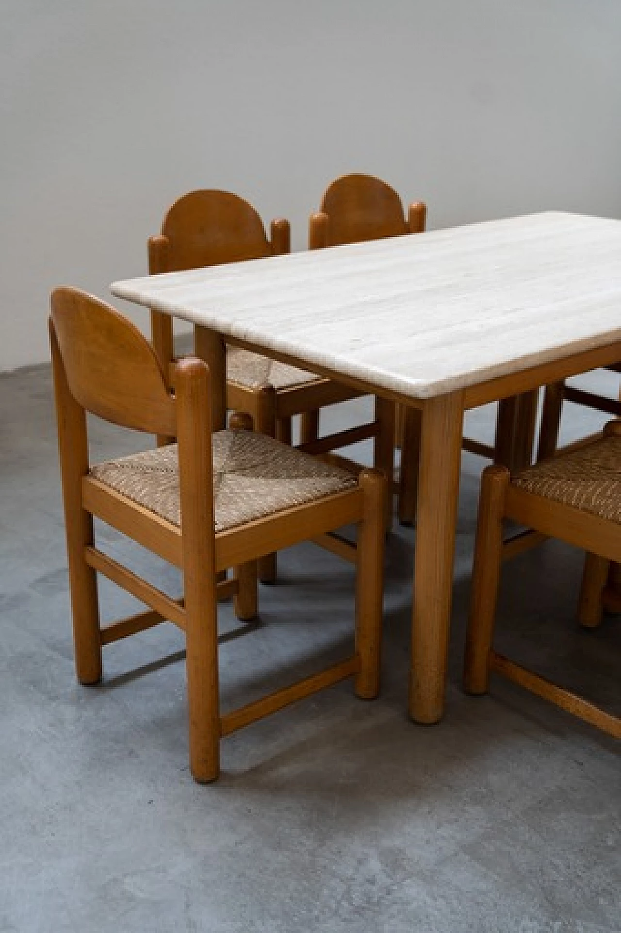 6 Sedie Padova e tavolo in rovere e marmo di Hank Lowenstein, anni '70 15