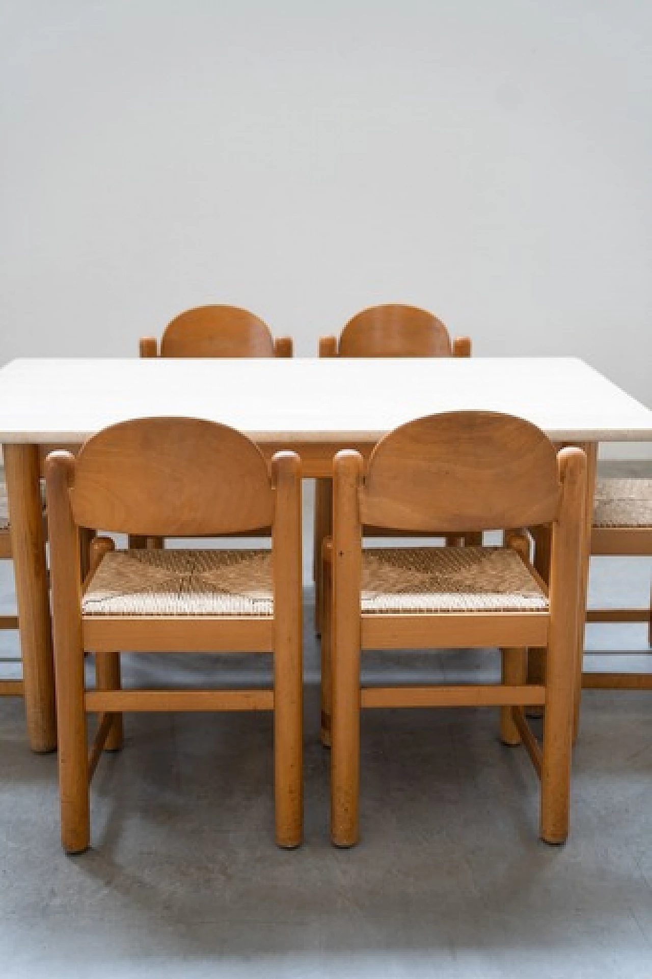 6 Sedie Padova e tavolo in rovere e marmo di Hank Lowenstein, anni '70 20