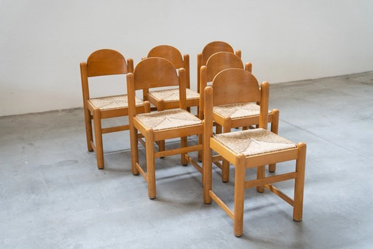 6 Sedie Padova e tavolo in rovere e marmo di Hank Lowenstein, anni '70 24