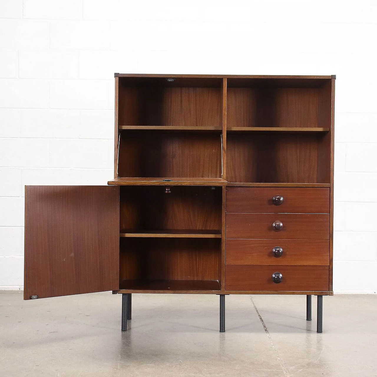 Wooden highboard with flap door and drawers, 1960s 3