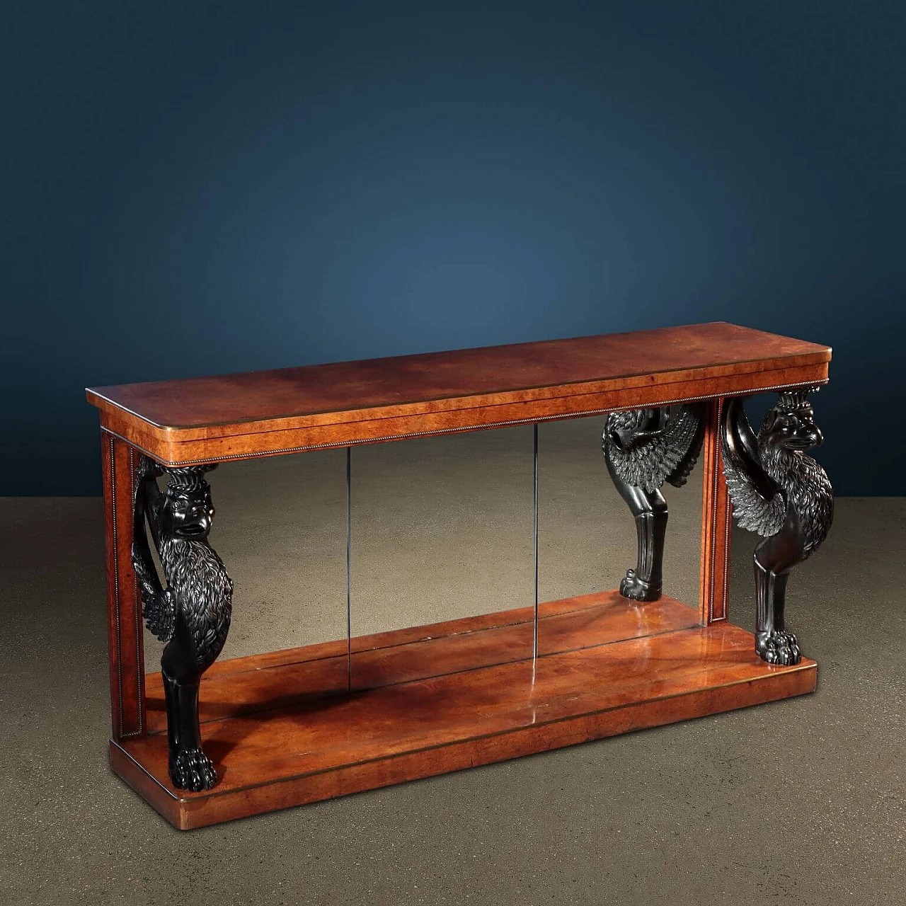 English wood console with mirror and ebonized griffins, 19th century 1
