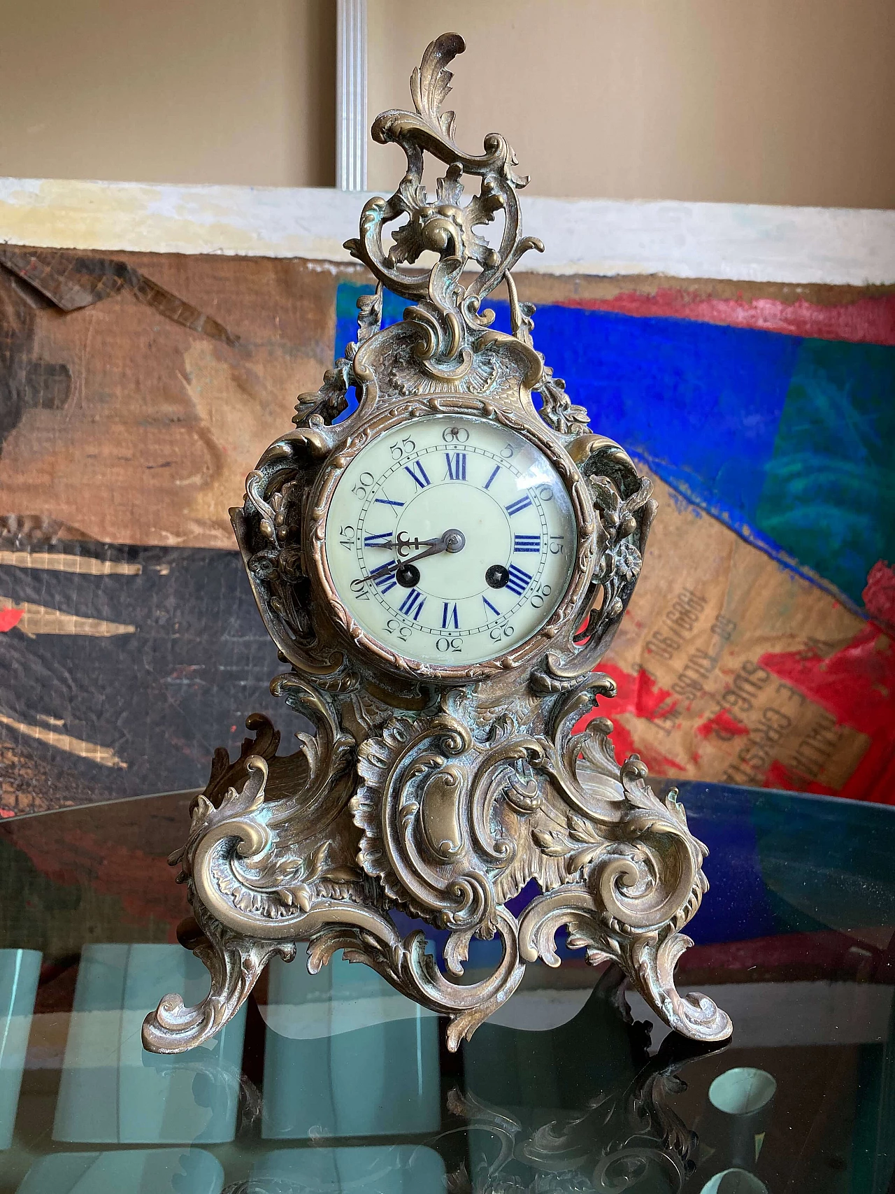 Brass triptych with clock and pair of candelabra, late 19th century 2