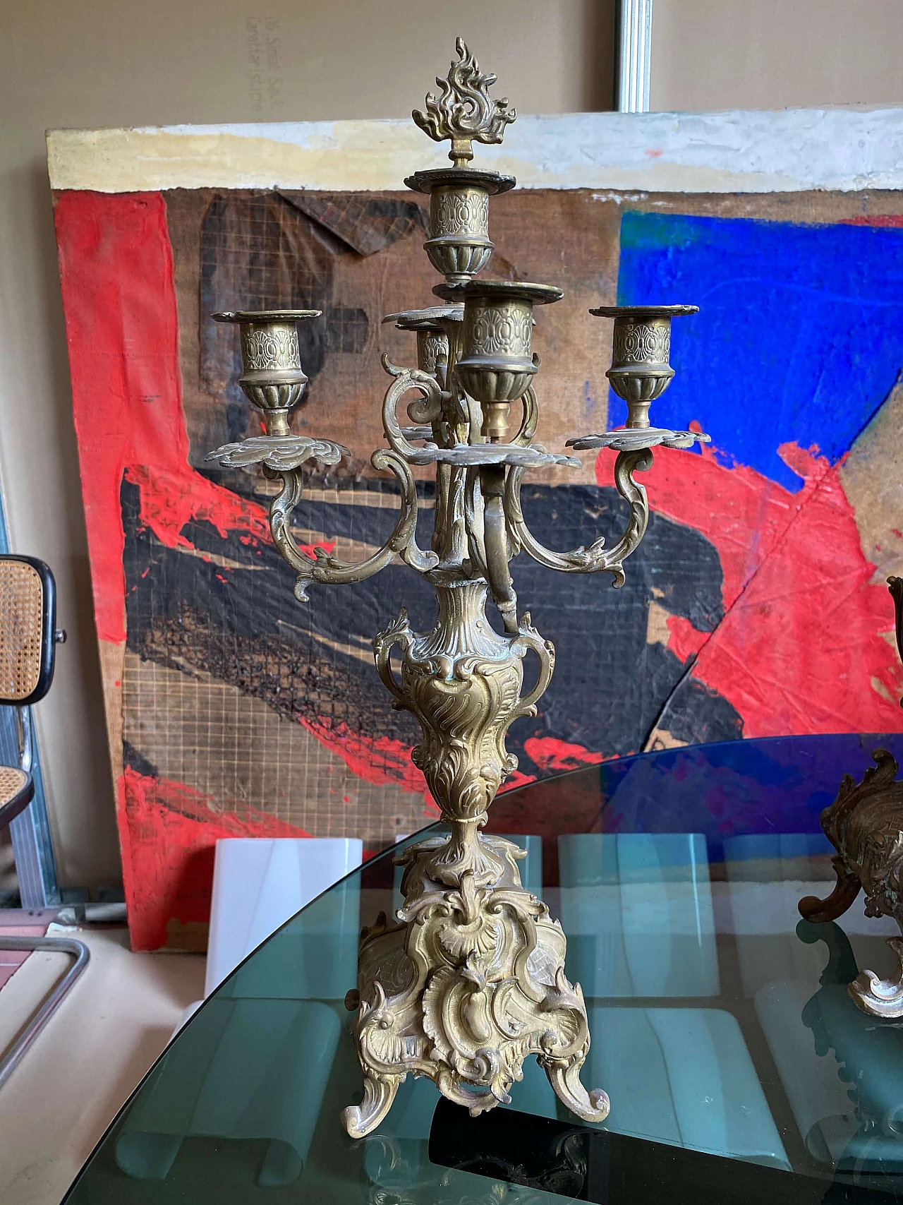 Brass triptych with clock and pair of candelabra, late 19th century 6