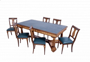 6 Sedie con seduta in pelle e tavolo in stile Impero con piano marmo verde, anni '40
