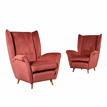 Pair of wood and velvet armchairs, 1950s