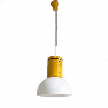 Lampadario industriale in metallo verniciato giallo con diffusore bianco in plastica, anni '70
