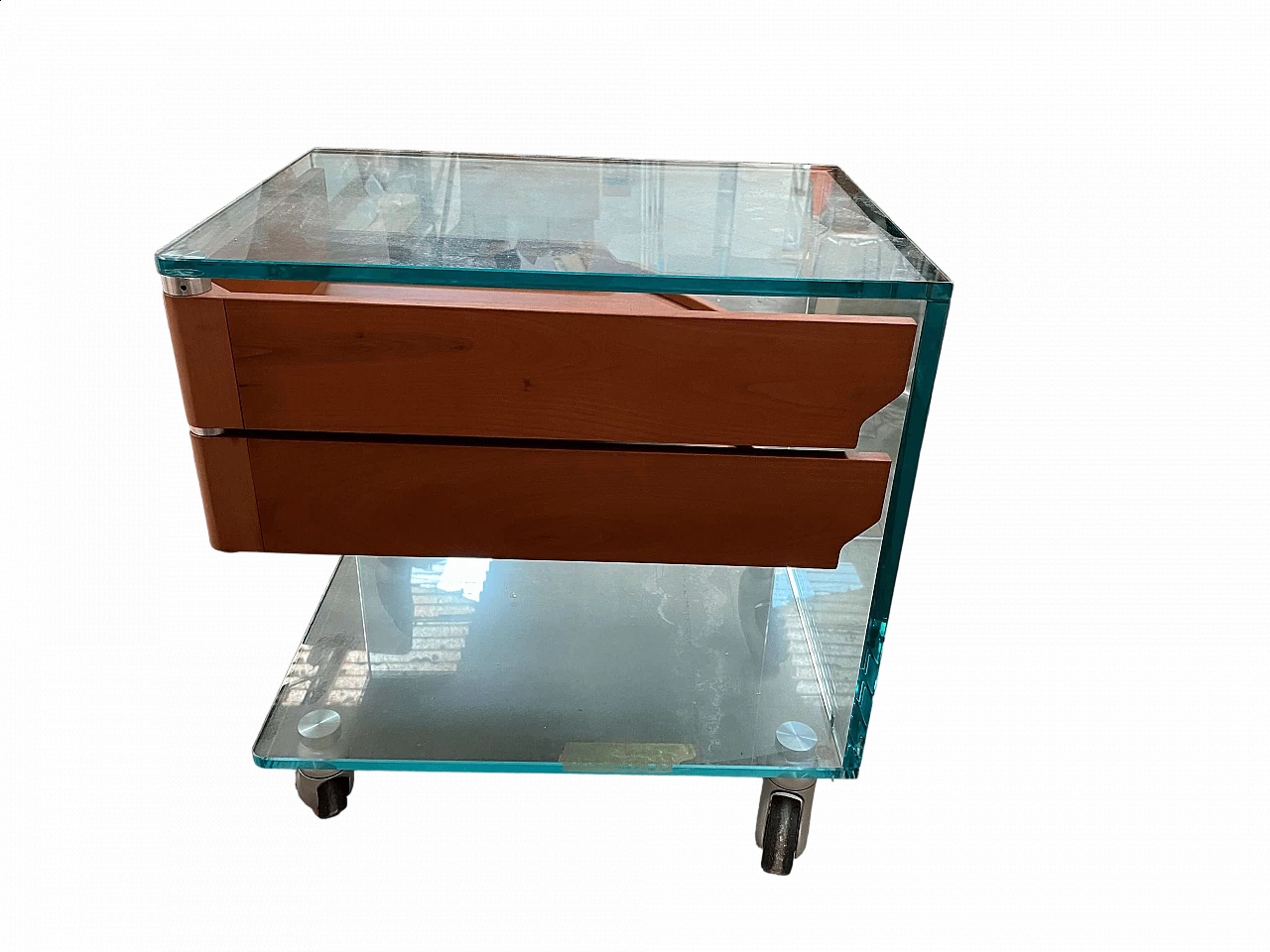 Venerdì glass bedside table with cherrywood trays by Tonelli, 2000s 5