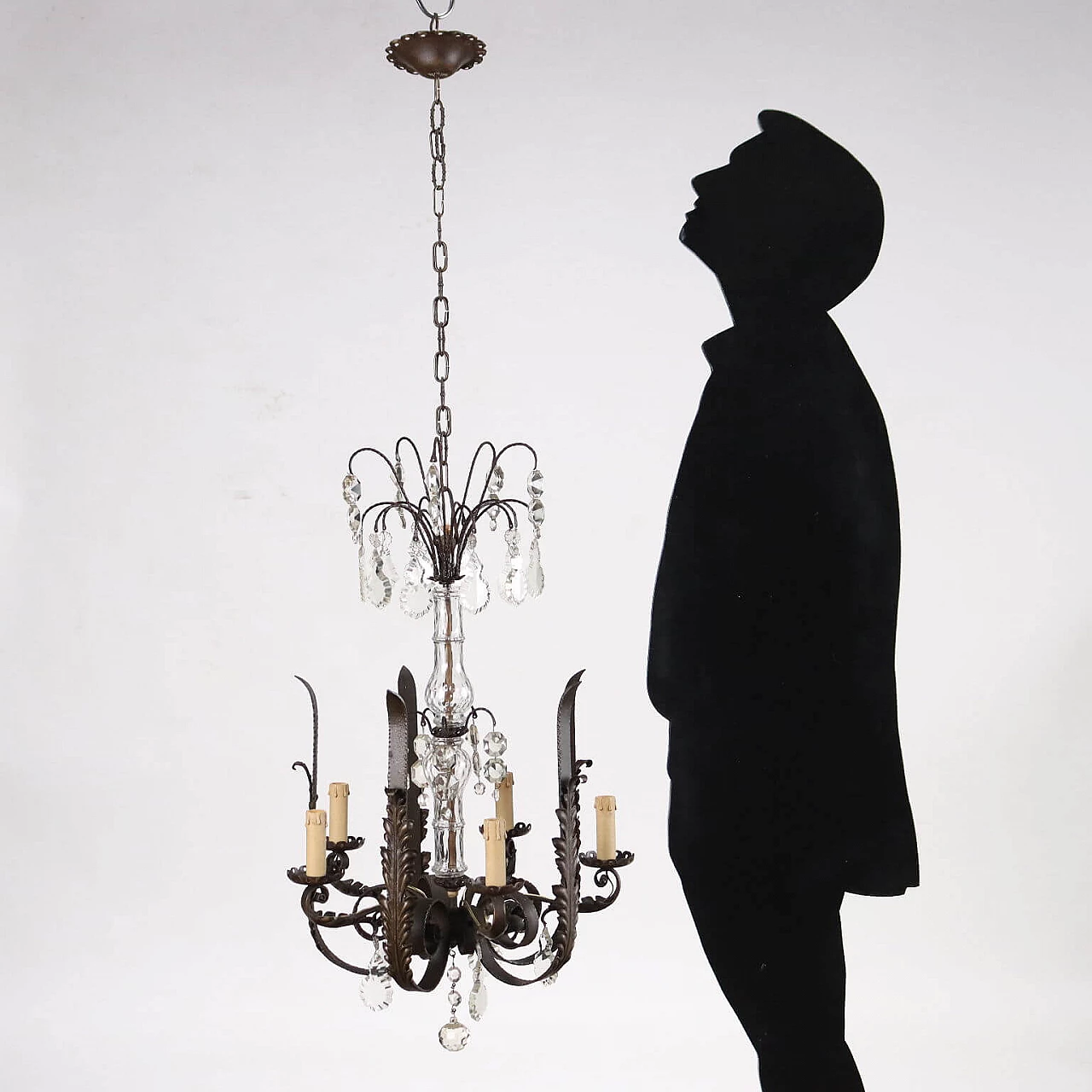 Art Nouveau style wrought iron and glass ceiling lamp, early 20th century 2