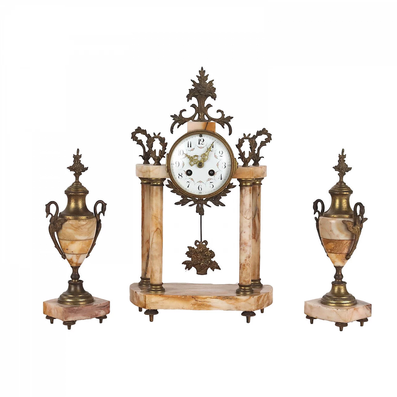 Orologio da tavolo e coppia di vasi in marmo e bronzo, metà '800 1
