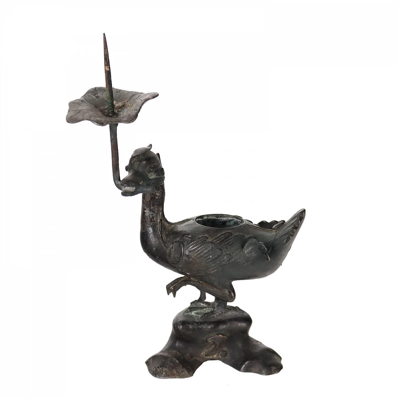 Portacandela cinese in bronzo con anatra, '700 1
