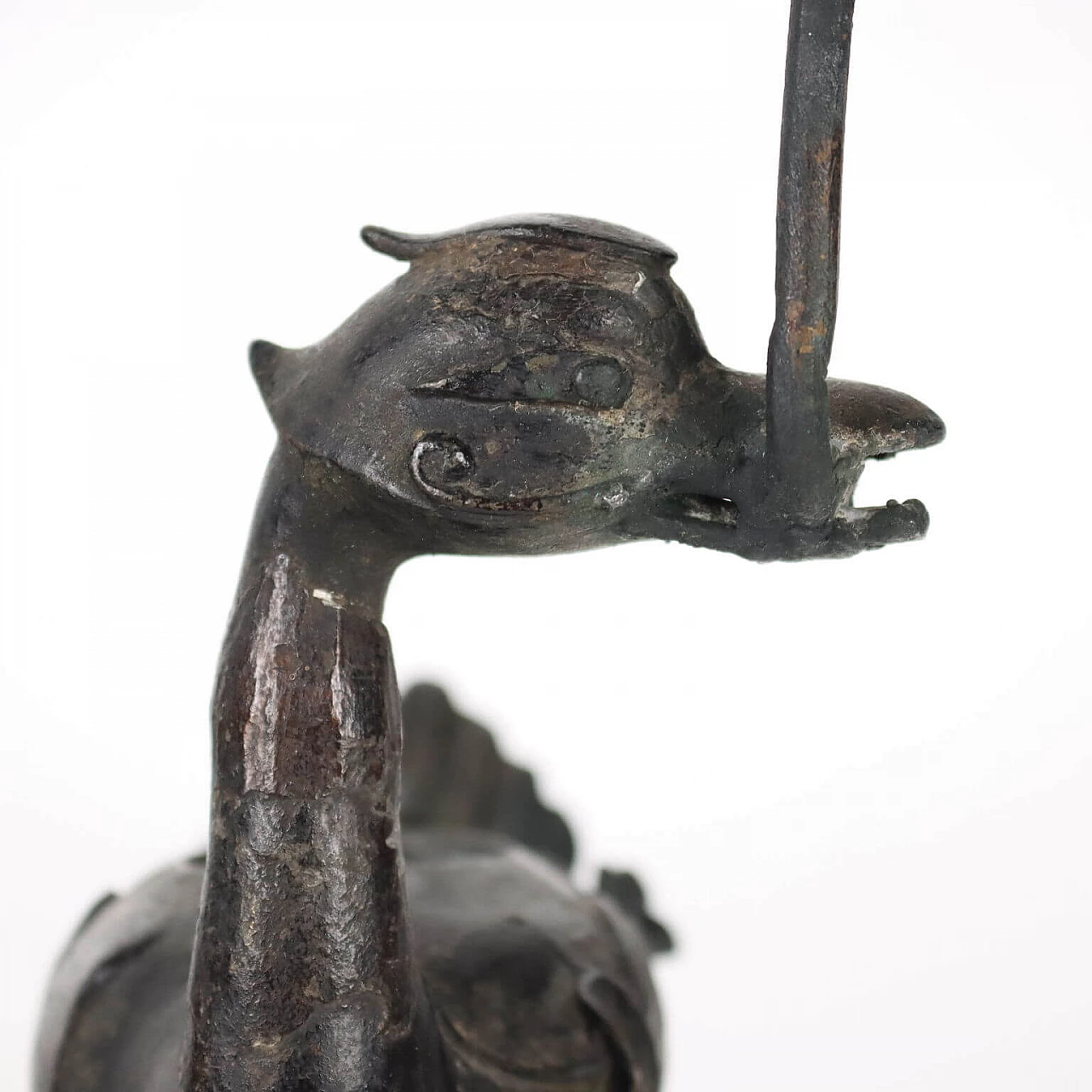 Portacandela cinese in bronzo con anatra, '700 3