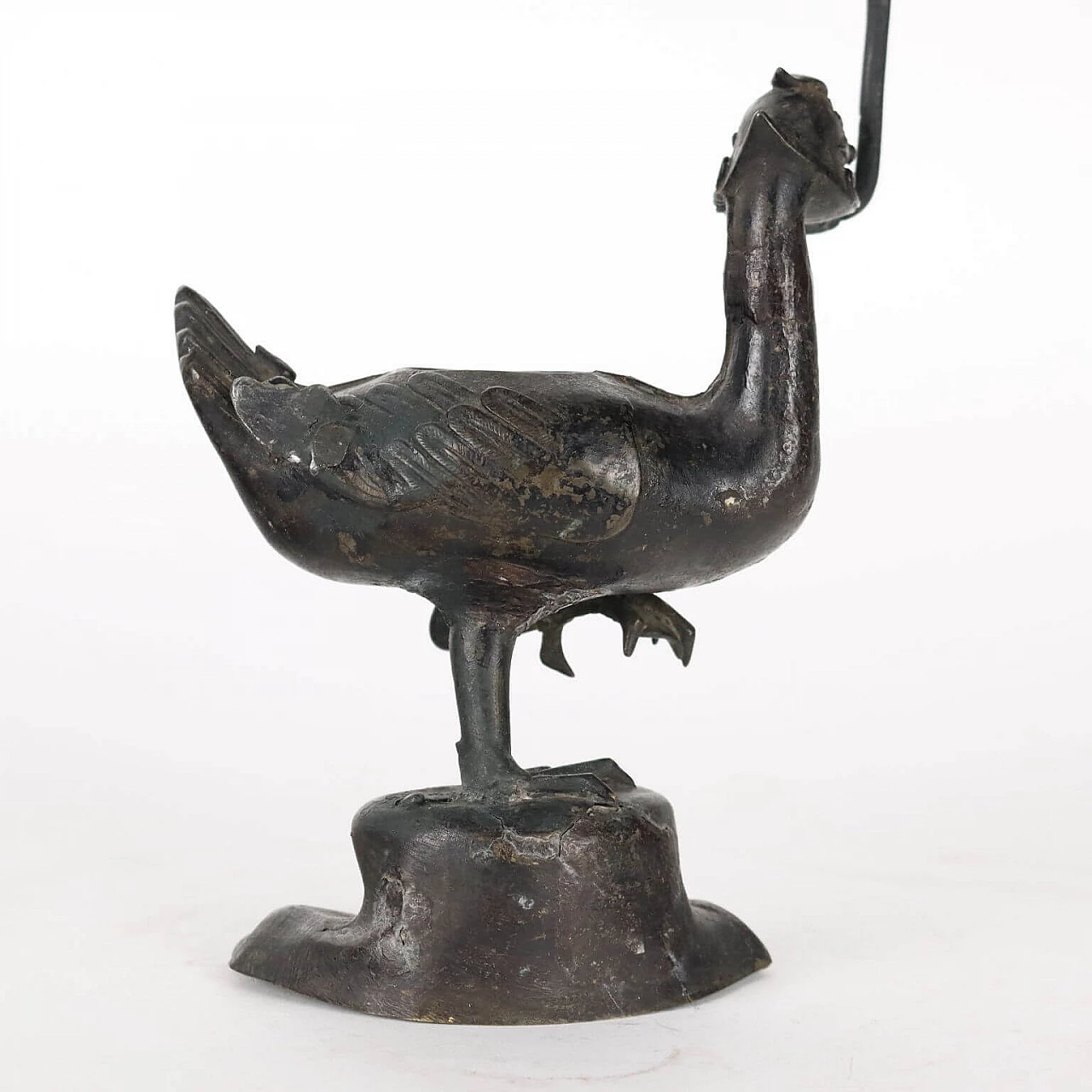 Portacandela cinese in bronzo con anatra, '700 5