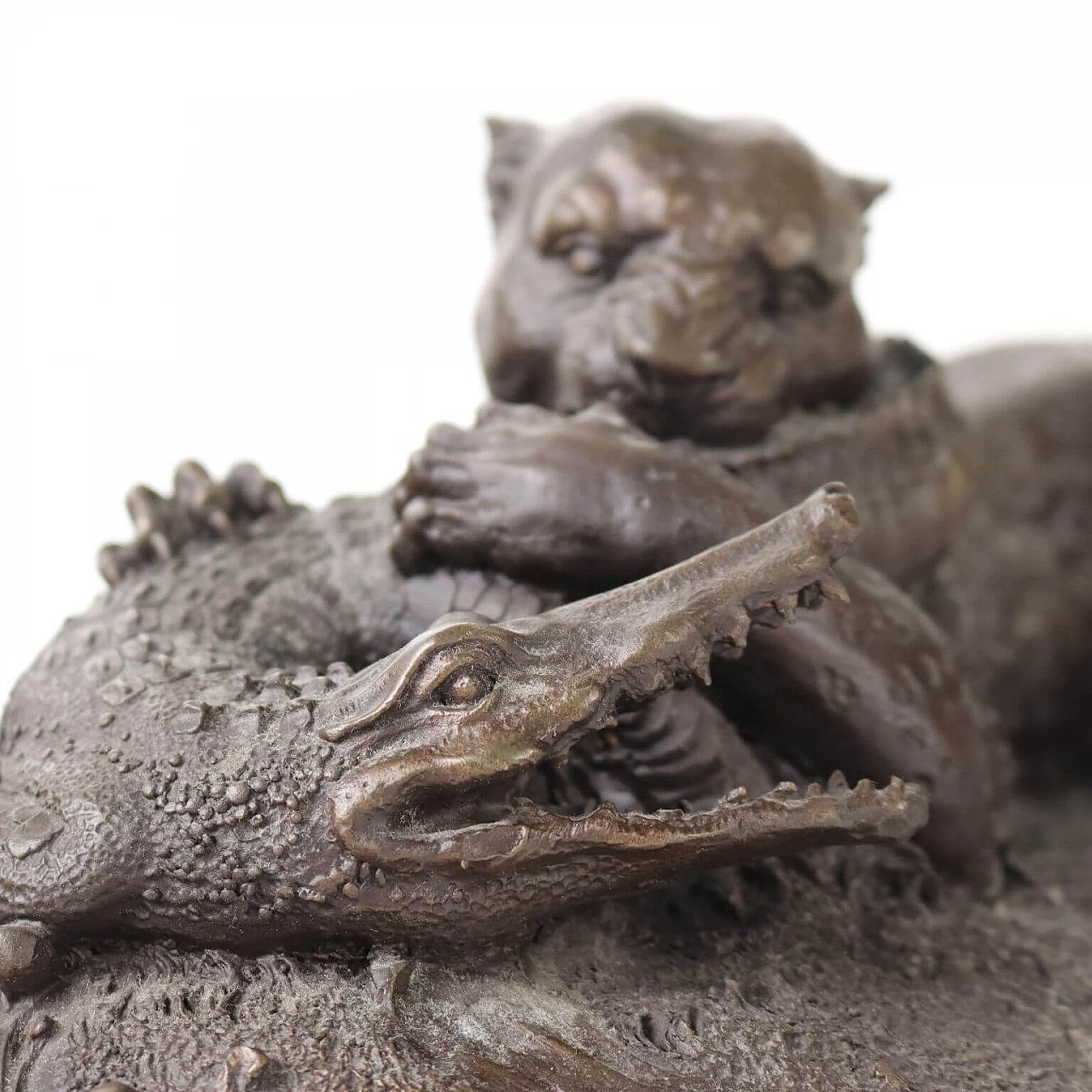 Bronze tiger and crocodile sculpture on marble base 3