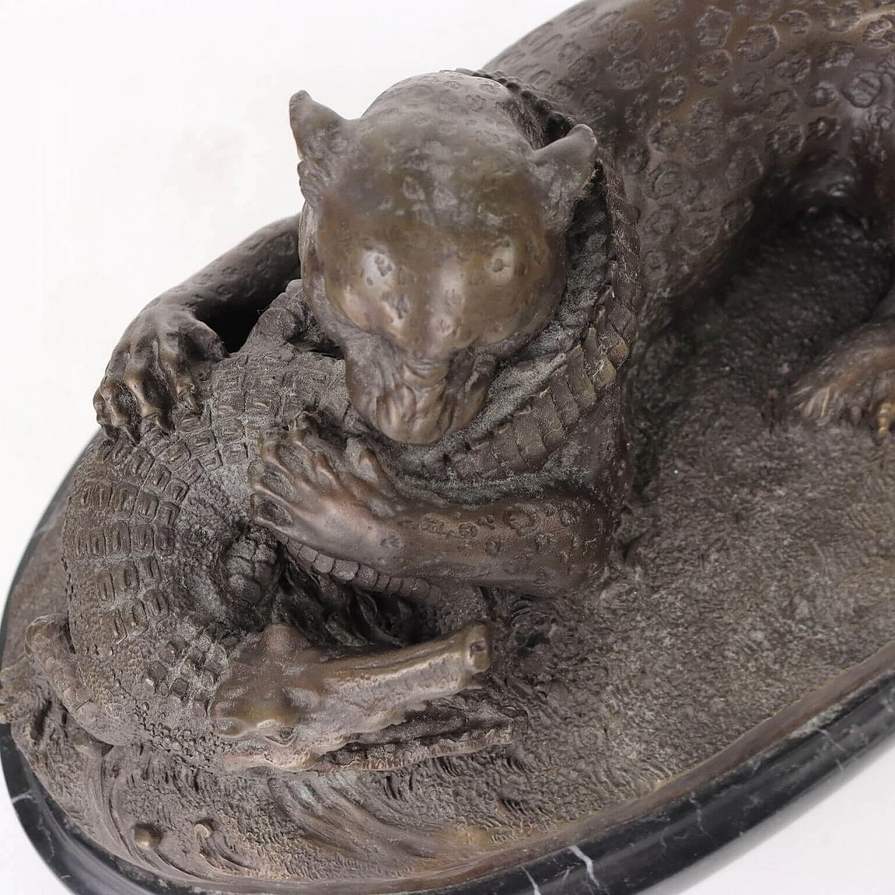 Bronze tiger and crocodile sculpture on marble base 5