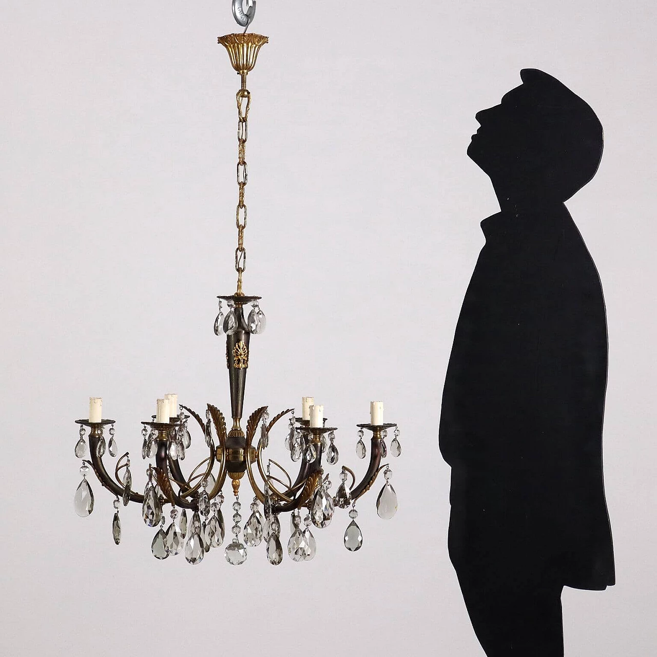 Restoration style brass, bronze and crystal chandelier, early 20th century 2