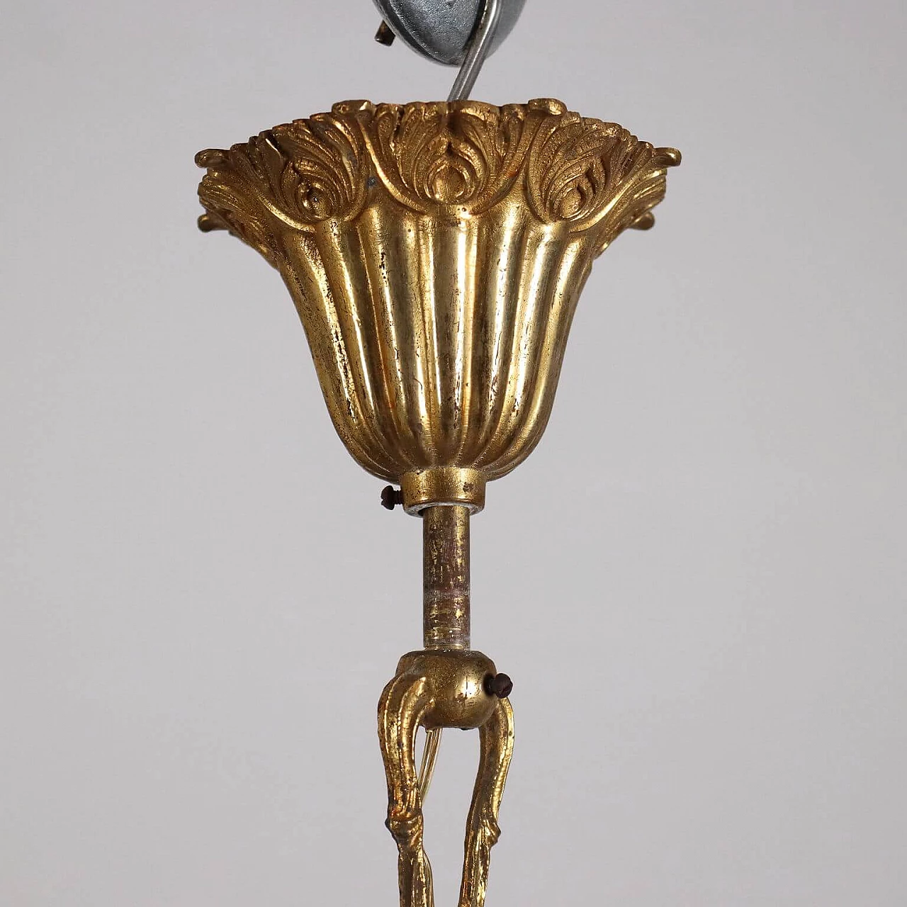 Lampadario stile Restaurazione in ottone, bronzo e cristallo, inizio '900 4