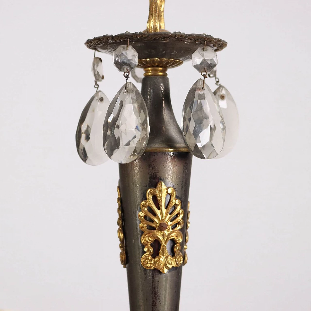 Lampadario stile Restaurazione in ottone, bronzo e cristallo, inizio '900 5
