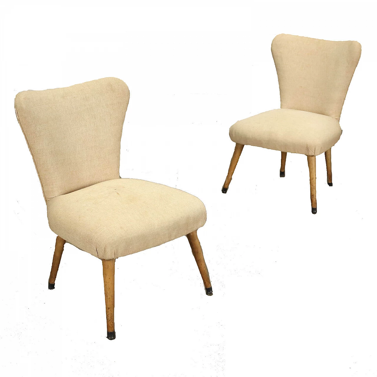 Coppia di sedie in legno e tessuto beige, anni '50 1