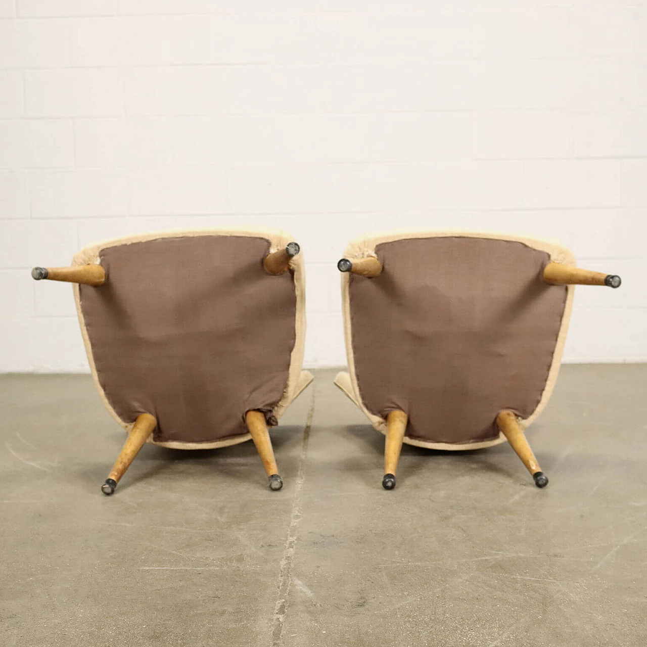 Pair of wood and beige fabric chairs, 1950s 8