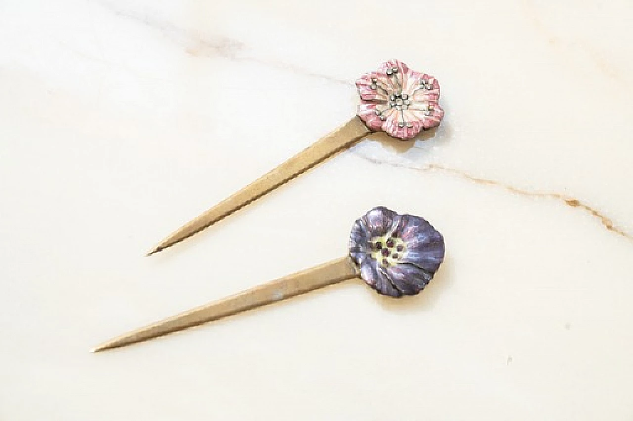 Pair of metal and plastic letter openers with flowers, 1970s 1