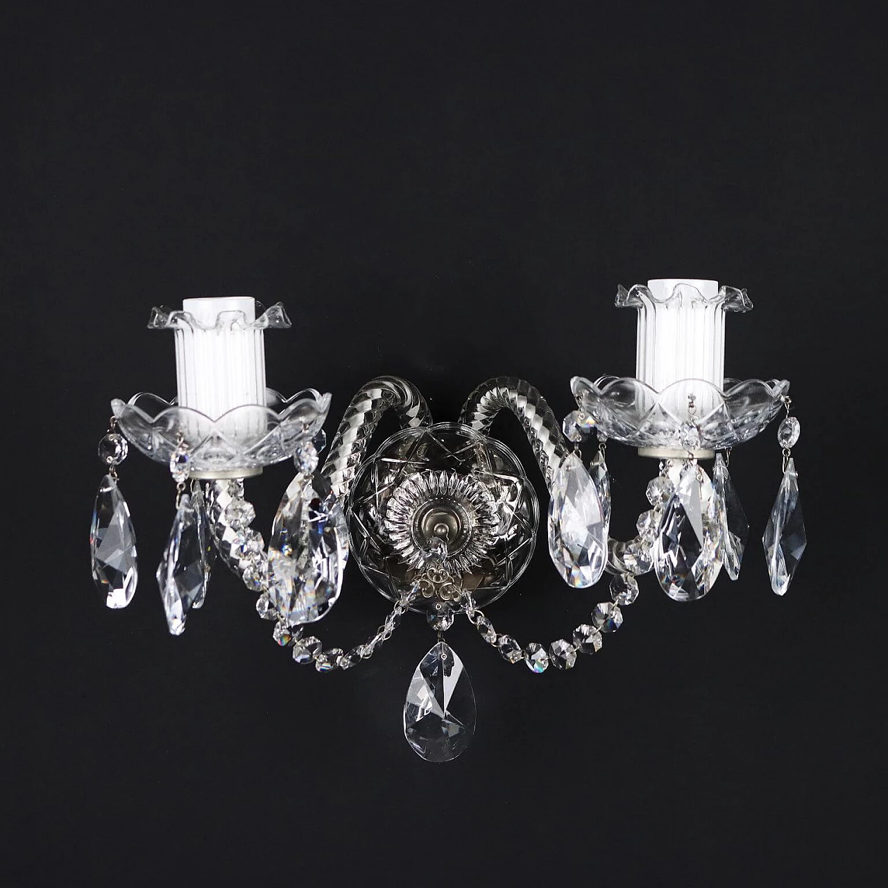 Two-light wall sconce with crystal arms, bobeches and pendants 1