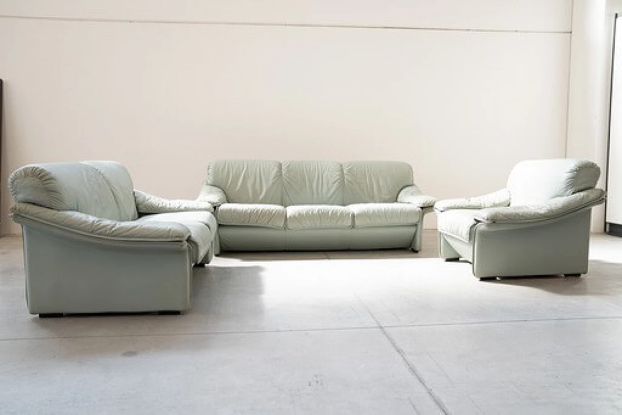Pair of sofas and armchair in pale blue leatherette by FD Salotti, 1970s 1