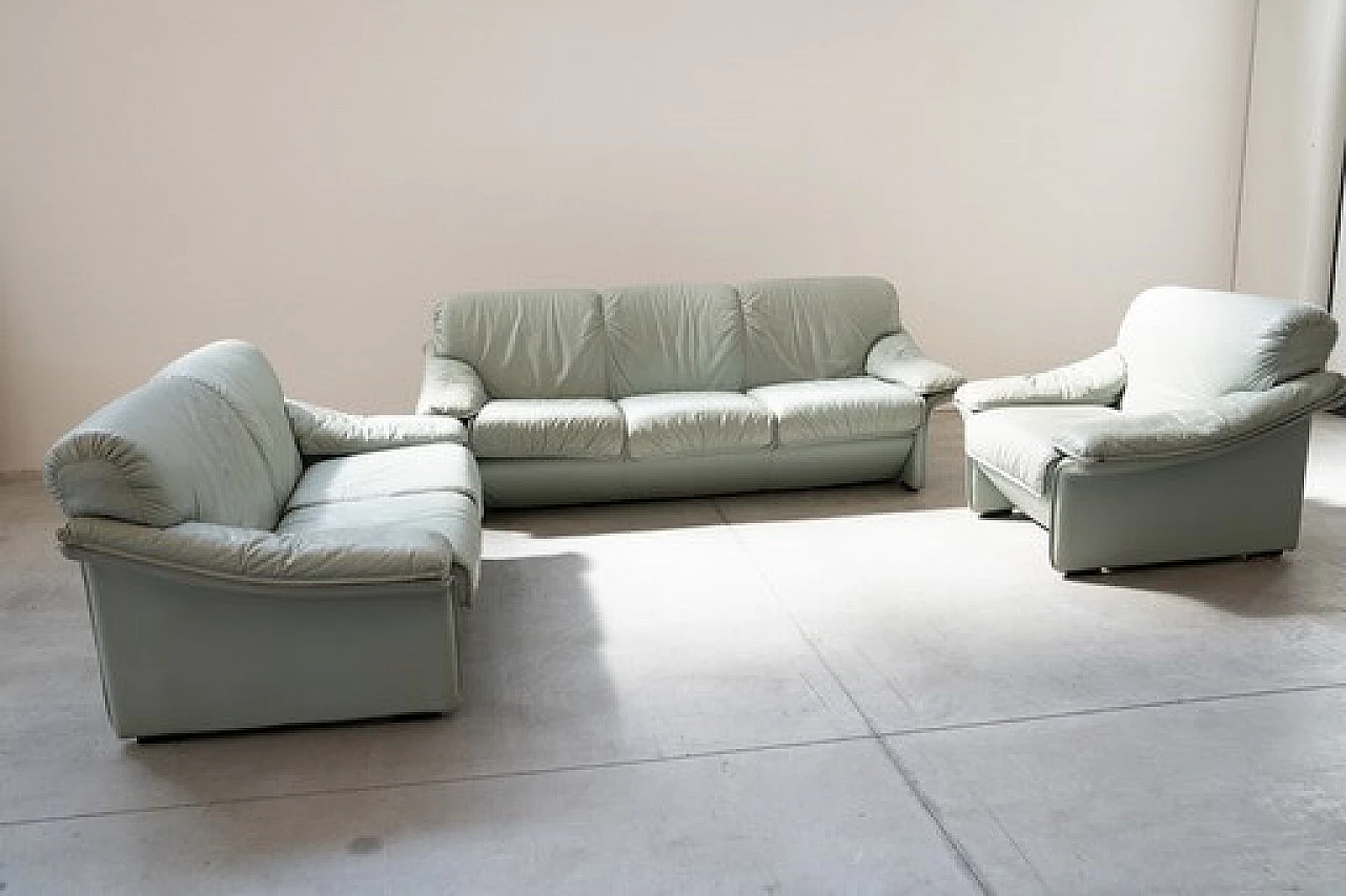Pair of sofas and armchair in pale blue leatherette by FD Salotti, 1970s 2