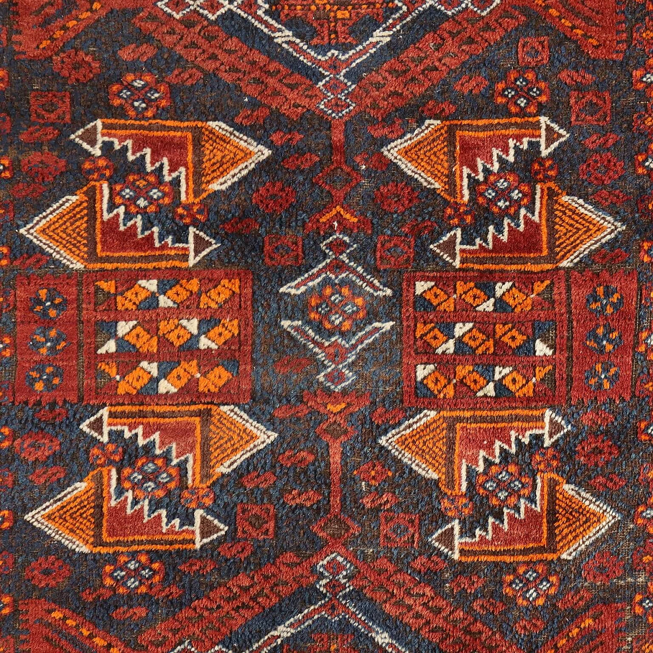 Tappeto Beluchi iraniano in lana rossa, blu e arancione 3