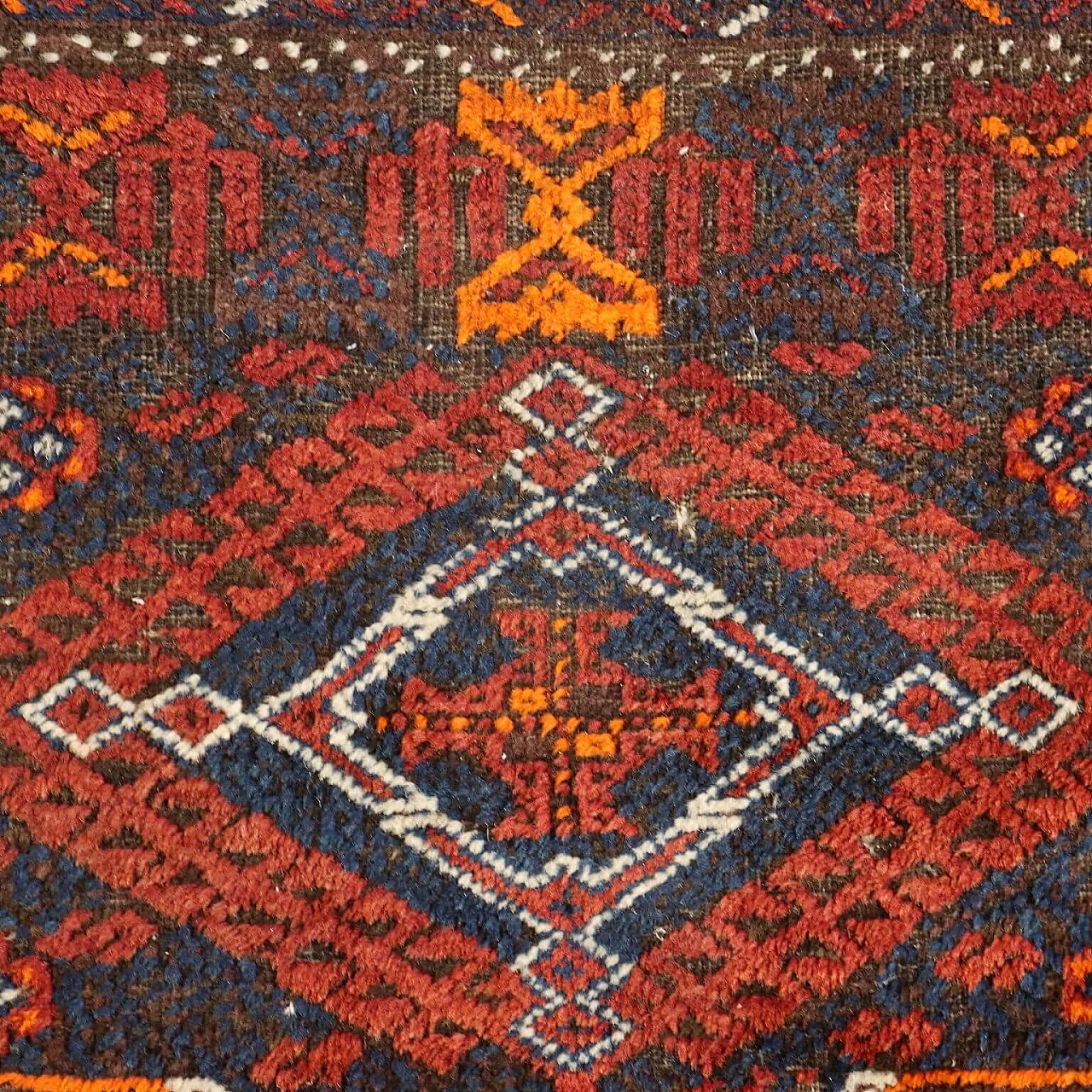 Tappeto Beluchi iraniano in lana rossa, blu e arancione 4