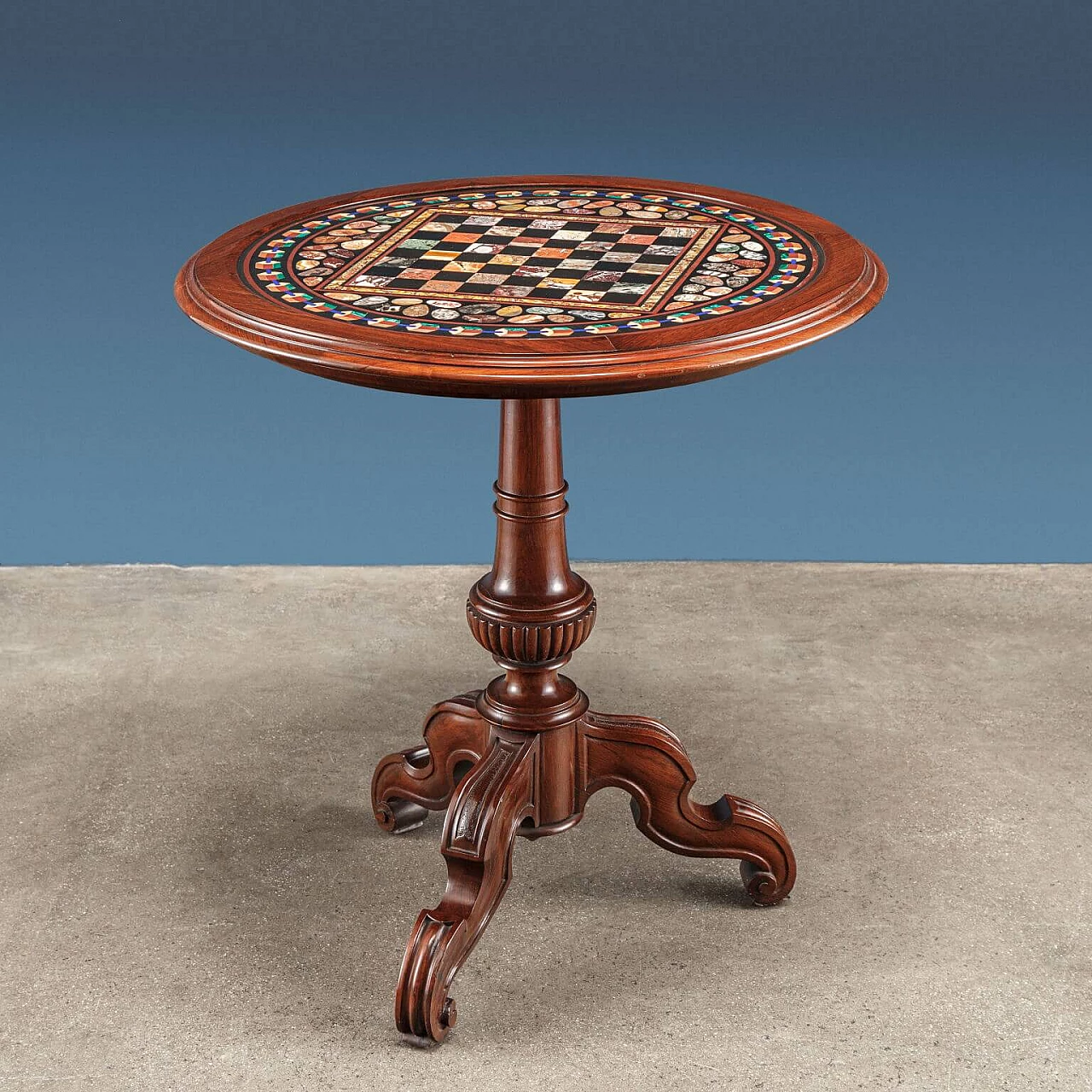 Tavolino in palissandro con piano in marmo commesso e scacchiera, metà '800 1