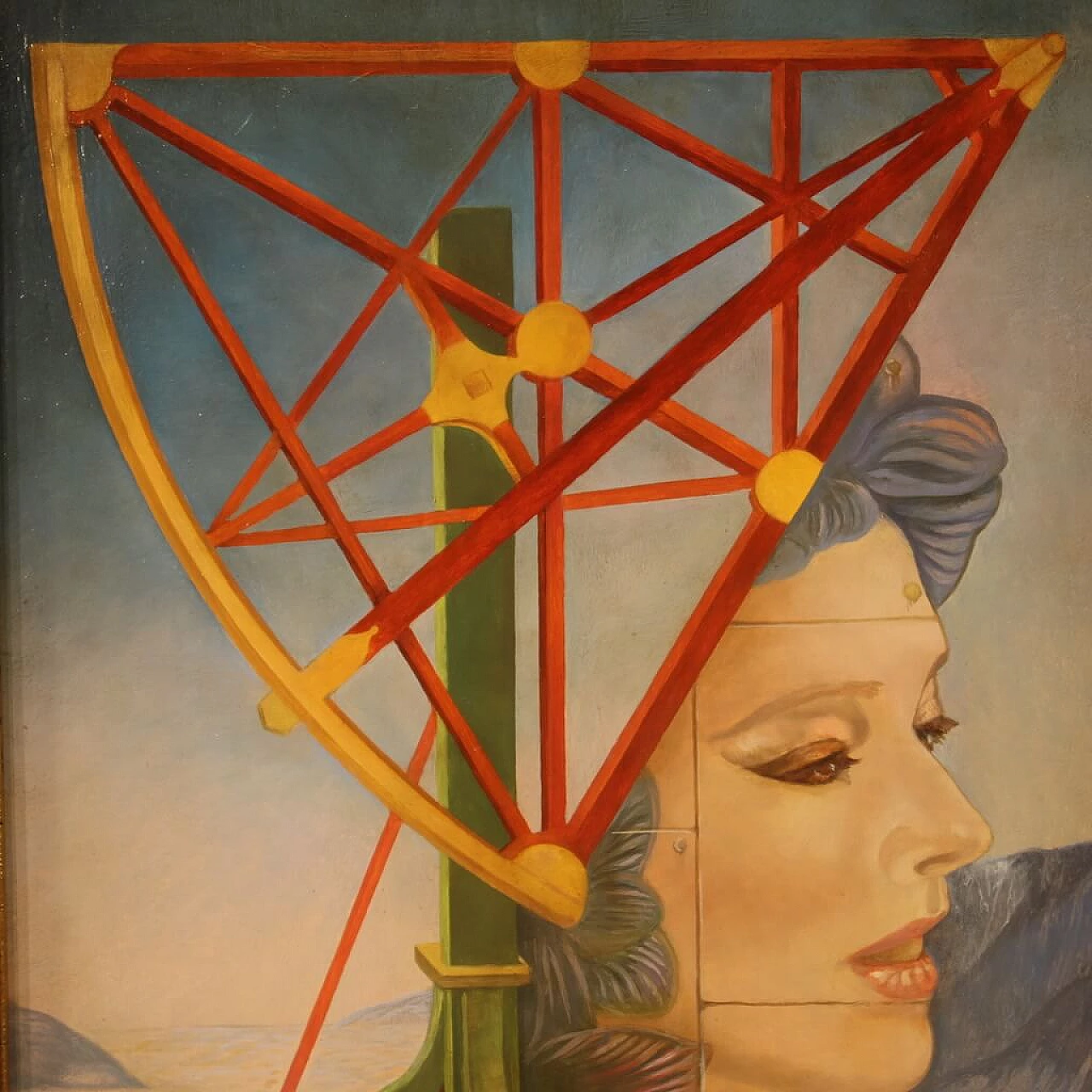 Jean Michel Lengrand, dipinto surrealista, olio su tavola, anni '80 2
