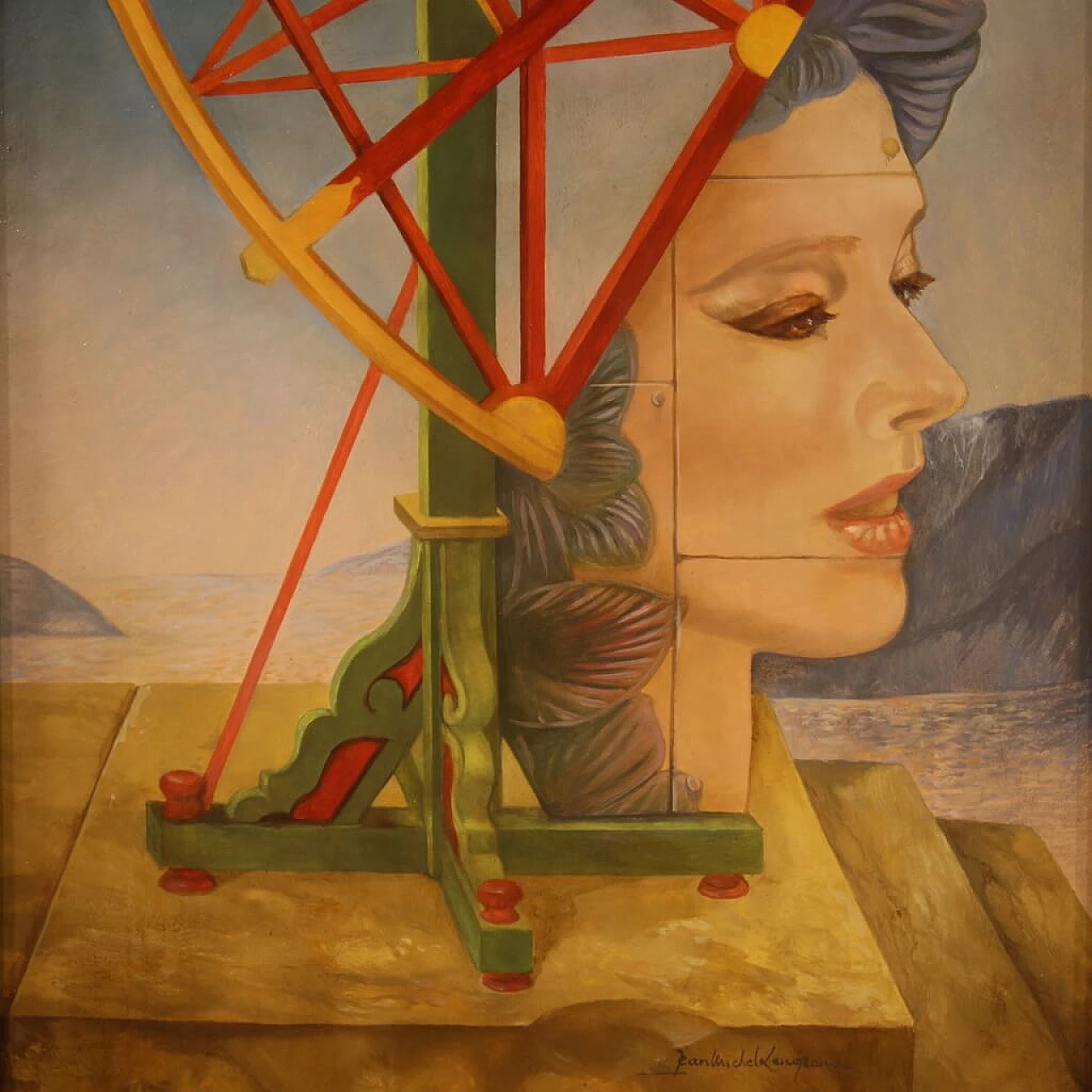 Jean Michel Lengrand, dipinto surrealista, olio su tavola, anni '80 3
